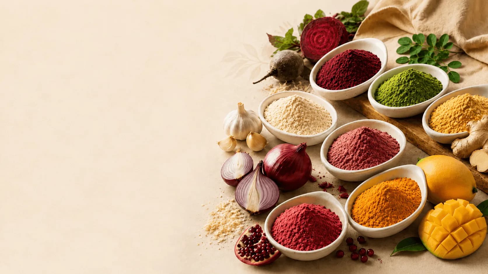 Premium dehydrated vegetables, fruit powders, and specialty ingredients background