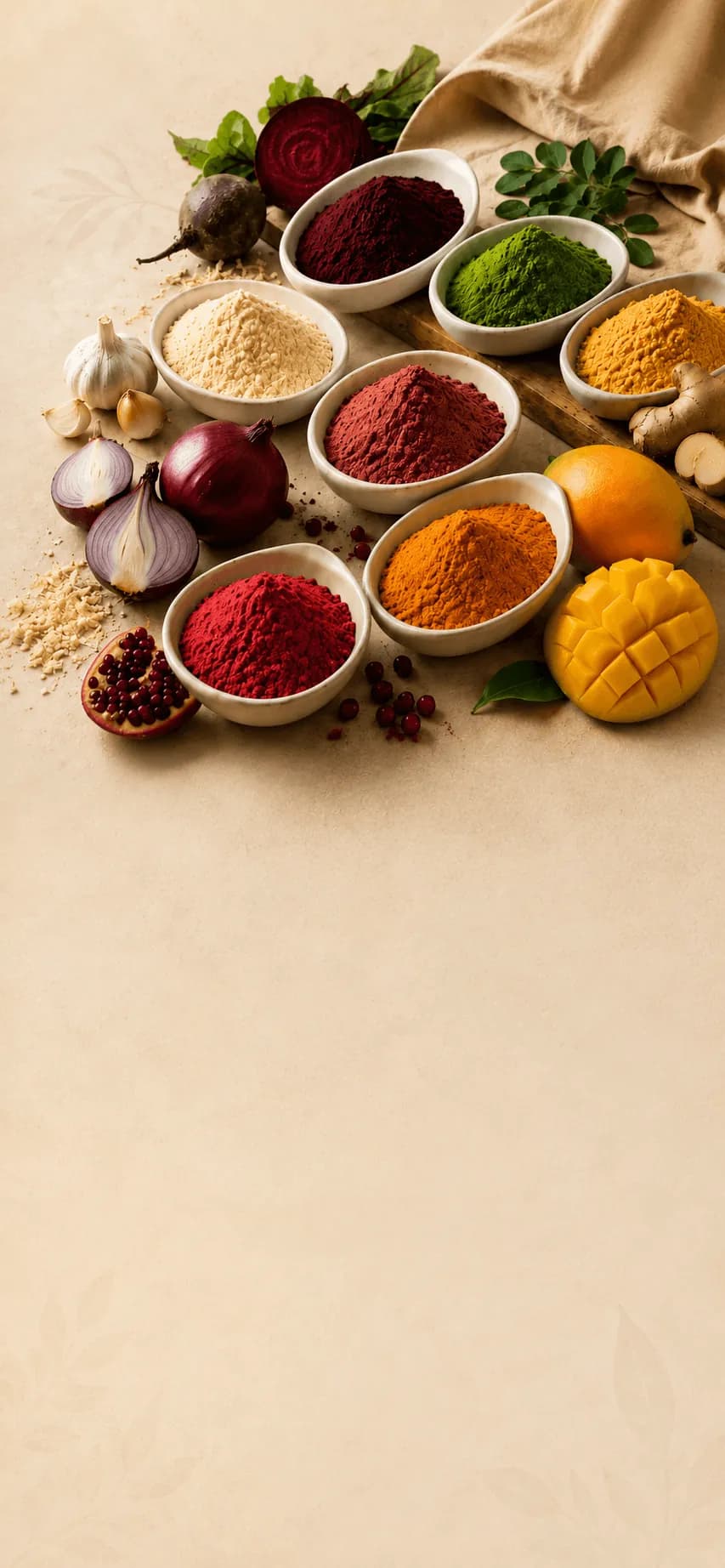 Premium dehydrated vegetables, fruit powders, and specialty ingredients background